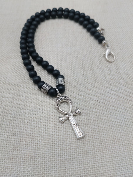 Silver Ankh Pendant Necklace Black Beaded Egyptian Ethnic Jewelry Unisex