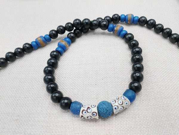 Men Necklace Black Blue Beaded Jewelry Handmade Gift Ideas Ethnic