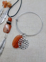 Women Fall Fashion Jewelry Set Leaves Silver Agate Necklace Earrings Bracelets