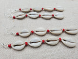 Women Jewelry Long Cowrie Earrings Beaded Red Silver Handmade Dangle Summer