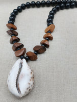 Men Necklace Large Cowrie Shell Beaded Black Wooden Jewelry Ethnic Handmade Statement