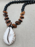 Men Necklace Large Cowrie Shell Beaded Black Wooden Jewelry Ethnic Handmade Statement