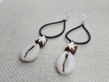 Women Earrings Long Dangle Black Leather Brown Bead Cowrie Jewelry