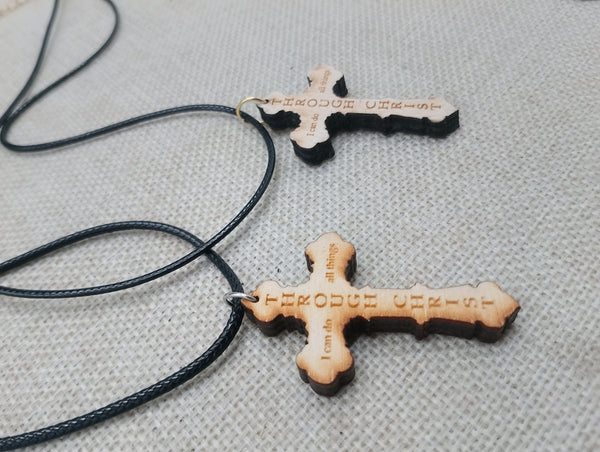 Wood Cross Necklace Christian Jewelry I can do all things through Christ Gift Ideas
