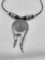 Tribal Necklace Swirl Antique Bronze Black Leather Women's Jewelry Cord Ethnic Large Pendant