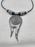 Tribal Necklace Swirl Antique Bronze Black Leather Women's Jewelry Cord Ethnic Large Pendant