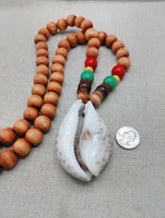 Men Necklace Cowrie Pendant Jewelry Wood Beaded Red Yellow Green Rasta Ethnic Handmade