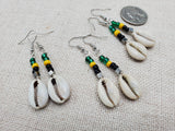 Small Women Jamaica Earrings Green Yellow Black Beaded Dangle Cowrie Jewelry