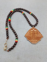 Men Necklace King Pharaoh Wooden Pendant Jewelry Beaded Brown Red Yellow Green