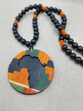 African Kente Necklace Pendant Black Orange Beaded Original Jewelry Handmade Statement Gift Idea Men Women