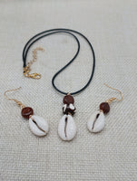 Cowrie Set Jewelry Beaded Wood black Cord Earrings Necklace Women Gift Idea Handmade