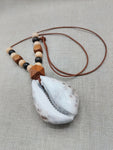 Large Cowrie Shell Necklace Leather Cord Wood Beads Jewelry Men Gift