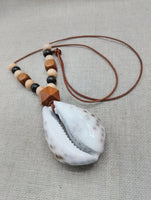 Large Cowrie Shell Necklace Leather Cord Wood Beads Jewelry Men Gift