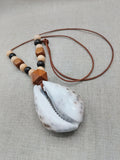 Large Cowrie Shell Necklace Leather Cord Wood Beads Jewelry Men Gift