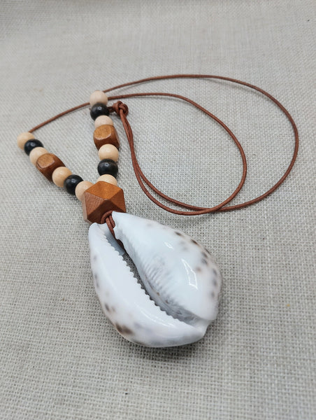 Large Cowrie Shell Necklace Leather Cord Wood Beads Jewelry Men Gift