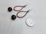 Women Earrings Brown Leather Dangle Beaded Silver Jewelry