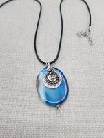 Blue Agate Stone Necklace Women Silver Pendant Black Cord Jewelry