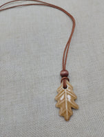 Women Oak Leaf Pendant Leather Cord Handmade Brown Jewelry
