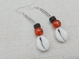 Cowrie Earrings Brown Orange Silver Women Dangle Handmade Beaded