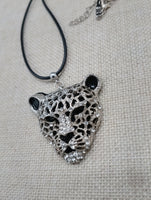Silver Tone Leopard Jaguar  Necklace Black Cord Jewelry