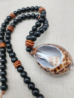 Men Necklace Cowrie Shell Jewelry Black Brown Wood Beaded Ethnic Handmade