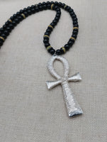 Silver Ankh Pendant Necklace Beaded Black Yellow Green Jamaica Inspired Egyptian Statement