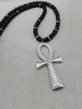 Silver Ankh Pendant Necklace Beaded Black Yellow Green Jamaica Inspired Egyptian Statement