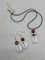 Cowrie Set Jewelry Beaded Wood black Cord Earrings Necklace Women Gift Idea Handmade