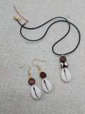 Cowrie Set Jewelry Beaded Wood black Cord Earrings Necklace Women Gift Idea Handmade
