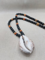 Men Necklace African Cowrie Shell Jewelry Black Beaded Orange Krobo Handmade Gift Ideas