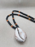 Men Necklace African Cowrie Shell Jewelry Black Beaded Orange Krobo Handmade Gift Ideas