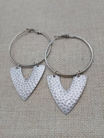 Silver Earrings Hoop V Shaped Hammered Jewelry Women Ethnic
