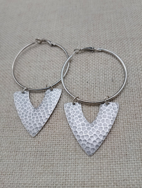 Silver Earrings Hoop V Shaped Hammered Jewelry Women Ethnic