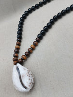 African Cowrie Shell Pendant Black Brown Beaded Jewelry Men Ethnic Gift Ideas