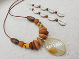 Women Necklace Set Glass Brown Pendant Leather Jewelry Set Earrings Cowrie Ethnic Danlge
