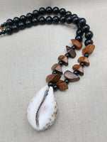 Men Necklace Large Cowrie Shell Beaded Black Wooden Jewelry Ethnic Handmade Statement