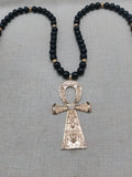Gold Tone Ankh Pendant Necklace Black Beaded Jewelry Men Ethnic Egyptian