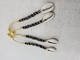 Women Clip On Earrings Black Gold Cowrie Long Dangle Beaded Jewelry Non Pierced