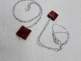 Women Necklace Long Stainless Steel Chain Amber Red Glass Square Jewelry