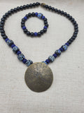 Round Antique Brass Pendant Black Blue Beads Jewelry Set Women Statement