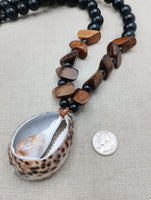 Men Necklace Large Cowrie Shell Beaded Black Wooden Jewelry Ethnic Handmade Statement