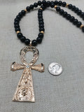 Gold Tone Ankh Pendant Necklace Black Beaded Jewelry Men Ethnic Egyptian