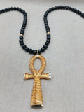Gold Tone Ankh Necklace Men Jewelry Wire Wrapped Beaded Black Large Gift Idea