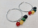Women Silver Hoop Earrings Round Rasta Beaded Jewelry Red Yellow Green Black