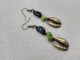 Cowrie Earrings Beaded Jewelry Green Brass Dangle Ethnic
