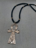 Gold Ankh Men Necklace Large Pendant Beaded Jewelry  Black