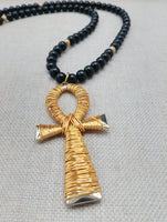 Gold Tone Ankh Necklace Men Jewelry Wire Wrapped Beaded Black Large Gift Idea