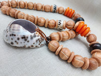 Large Cowrie Shell Necklace Men Jewelry Beaded Orange Wood Brown Gift Handmade