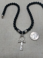 Silver Ankh Pendant Necklace Black Beaded Egyptian Ethnic Jewelry Unisex
