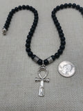 Silver Ankh Pendant Necklace Black Beaded Egyptian Ethnic Jewelry Unisex